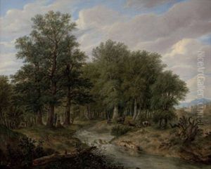 Rastender Hirte Mit Seinen Tieren In Waldlandschaft by Franz Aupichl