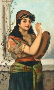 Portraits Sudlicher Schonheiten Mit Tambourin Und Rosenwasserflasche Vor Landschaftshintergrund (+ Another; Pair) by Giuseppe Aureli