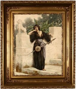 Orientalist Woman With A Stringed Instrument Standing Near A Garden Wall Orientalist Woman With A Stringed Instrument Standing Near A Garden Wall
