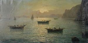 Boats On The Mediterranean Sea At Sunset by Vincenzo d' Auria