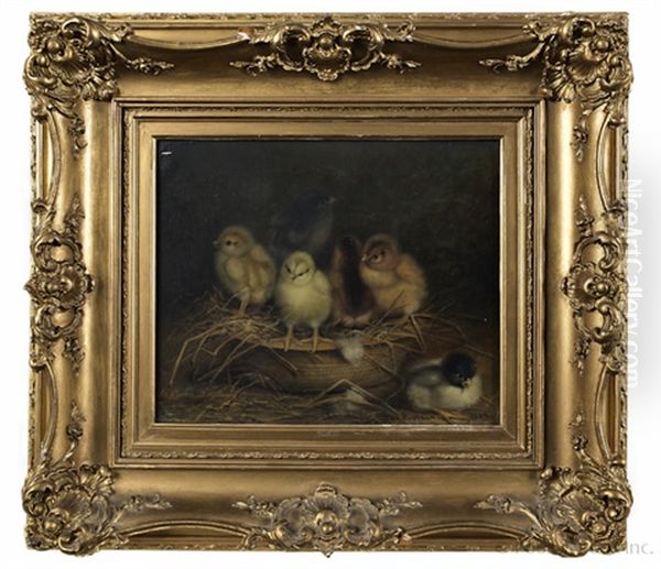 Six Chicks Playing In A Basket Of Straw - view 1