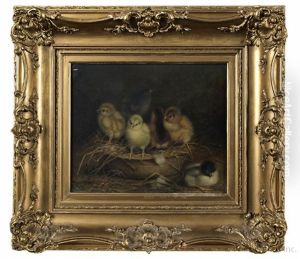Six Chicks Playing In A Basket Of Straw by Ben Austrian