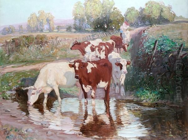 Cattle On A Lane Watering At A Stream - view 1