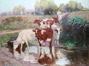 Cattle On A Lane Watering At A Stream by Joseph Denovan, Adam Jnr.