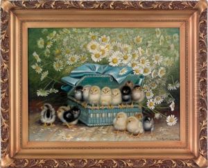Fifteen Chicks In A Basket Surrounded By Daisies by Ben Austrian