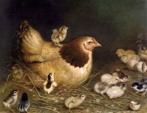 Barn Scene With Hen And 14 Chicks by Ben Austrian