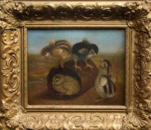 Group Of Four Chicks Playing On A Tin Can