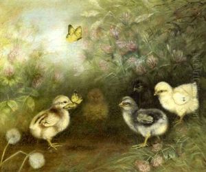 Scene Of Five Chicks Chasing Butterflies
