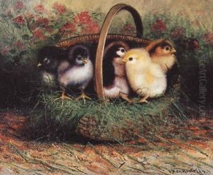 Five Chicks In Oak Splint Basket Nest by Ben Austrian