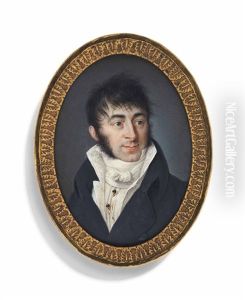 A Gentleman, In Black Coat, Embroidered White Waistcoat And Tied Cravat With Two Jewelled Stick Pins by Louis Marie Autissier