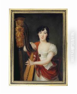 A Young Lady Tuning A Harp, In Decollete White Dress, Wearing Belt With Black And White Cameo Clasp, Embroidered Orange Cashmere Shawl, Dark Curling Hair Set With A Hair Band
