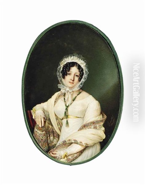 Princess Louise Adelaide D'orleans (1777-1847), Seated On A Wooden Chair, In White Silk Dress With Lace Sleeves And Frilled Cuffs, Yellow Sash Around Waist And Tied In Bows At Cuffs - view 1