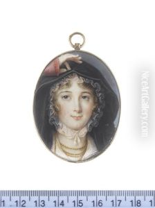 A Lady, Wearing Vermilion Dress, White Lace Fichu, Black Hooded Cloak, Gold Hooped Earrings And Multi-stranded Necklace, Her Brown Hair Curled And Upswept Beneath A White Lace Mob Cap