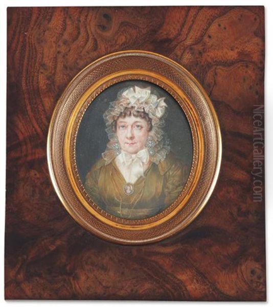 Portrait De Madame Huy De Thys En Robe De Soie Verte Coiffee D'un Important Bonnet De Dentelle Et Portant La Miniature En Broche De Son Fils - view 1