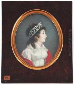 Portrait De Jeune Femme Vers La Droite En Robe De Soie Blanche, Cape Rouge Sur Les Epaules, Les Cheveux Boucles Attaches De Rubans