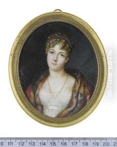 A Lady, Wearing White Dress With Lace Slip, Crimson And Fur Cloak, Double-stranded Gold Necklace, Her Blonde Hair Curled, Upswept And Dressed With...