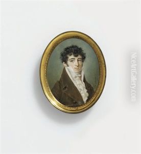 A Young Gentleman, In Olive Brown Coat, Striped Waistcoat, White Frilled Cravat, Dark Curling Hair