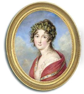A Young Lady Revealing Her Left Breast, In Frilled White Dress, Floral Bordered Red Cashmere Stole Draped Over Her Shoulders, Vine Leaf Crown In Her Upswept Hair Falling In Tendrils Around Her Neck by Louis Marie Autissier