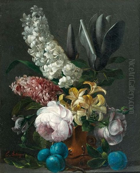 Jacinthes, Magnolias Dans Un Vase Sur Un Entablement Avec Des Prunes - view 1