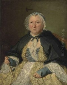 Portrait Of Madame Antoine Crozat, Marquise Du Chatel, Nee Marguerite Le Gendre D'armeny (1670-1742), Half-length, Seated, In A Lace Trimmed Yellow And White Dress And A Bonnet, A Fan In Her Right Hand