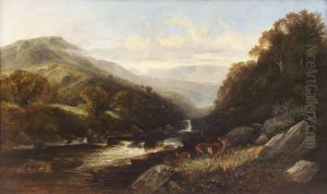 Deer In A Highland River Landscape by Joseph Adam