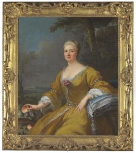 Portrait Of The Duchess Of Luxembourg In An Embroidered Yellow Dress, Before A Fountain by Jacques-Andre-Joseph Aved