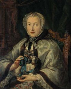 Portrait Of A Lady In A Fur-trimmed Gown, Seated, With A Dog On Her Lap (madame Geoffin?) by Jacques-Andre-Joseph Aved