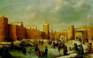 Skaters, Kolf Players, Elegant Ladies And Gentlemen, A Horse-drawn Sledge And Icebound Boats On A Frozen Moat Outside Kampen by Barent Avercamp