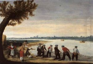 Pecheurs Ramassant Des Filets Au Bord D'un Lac by Barent Avercamp