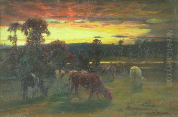 Cows Grazing At Sunset - view 1