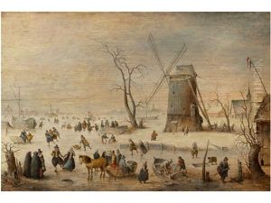 Eisvergnugen In Weiter Polderlandschaft Mit Grosser Windmuhle