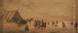 Eislaufszene. Zahlreiche Menschen Auf Einem Gefrorenen See Beim Eislaufen, Am Rande Ein Zelt Mit Niederlandischer Flagge Und Eine Pferdekutsche by Hendrick Avercamp