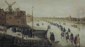 A Winter Landscape With Townsfolk Skating On A Frozen Moat by Hendrick Avercamp