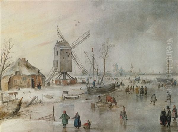 A Winter Scene With A Windmill And Figures On A Frozen River - view 1