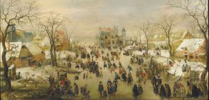 A Panoramic Winter Landscape With A Multitude Of Figures On A Frozen River by Hendrick Avercamp