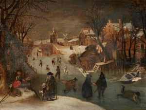 Patineurs Sur Une Riviere Gelee by Hendrick Avercamp