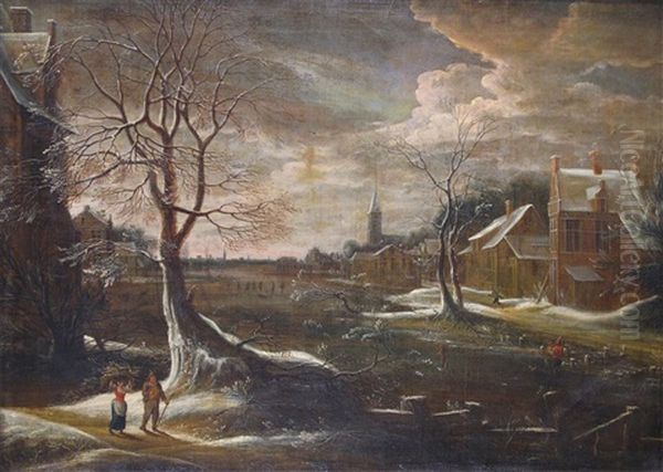 Dutch Winter Landscape With Skaters On A River - view 1