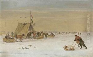 A Winter Landscape With Figures On The Ice By A Koek-en-zopie Tent by Hendrick Avercamp