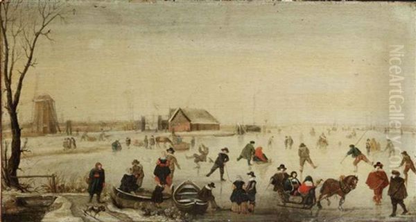 A Winter Landscape With Skaters On A Frozen River, A Windmill And Other Buildings Beyond - view 1