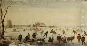 A Winter Landscape With Skaters On A Frozen River, A Windmill And Other Buildings Beyond by Hendrick Avercamp