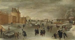 Skaters, Kolf Players And Sledges On A Frozen River Near The St. Janspoort City Gate, With The Kruispoort In The Background And The Pink Mill Beyond, Haarlem by Hendrick Avercamp