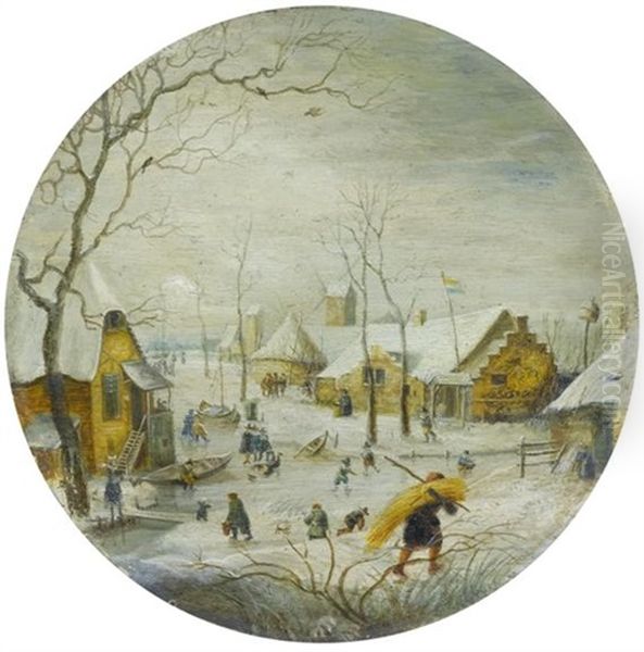 Winterlandschaft Mit Zugefrorenem Fluss, Im Vordergrund Schlittschuhlaufer Und Ein Heutrager - view 1