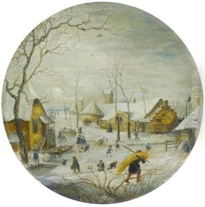 Winterlandschaft Mit Zugefrorenem Fluss, Im Vordergrund Schlittschuhlaufer Und Ein Heutrager by Hendrick Avercamp