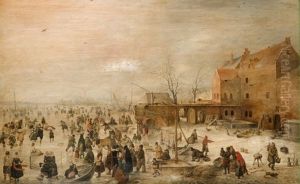 Patineurs Sur Une Riviere Gelee Au Bord D'un Village (in 3 Parts) by Hendrick Avercamp