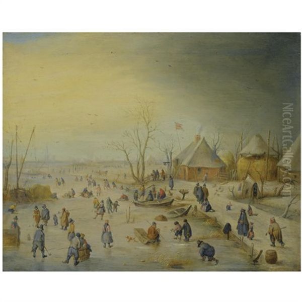 A Winter Landscape With Kolf Players, Skaters And Numerous Other Figures On A Frozen River Near An Inn, An Extensive Landscape Beyond by Hendrick Avercamp