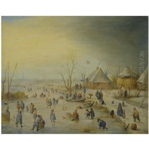 A Winter Landscape With Kolf Players, Skaters And Numerous Other Figures On A Frozen River Near An Inn, An Extensive Landscape Beyond by Hendrick Avercamp