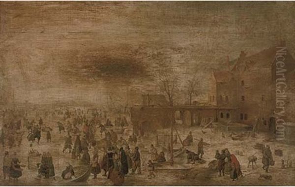 An Extensive Frozen River Landscape With Skaters And Other Figures By A Farmhouse - view 1