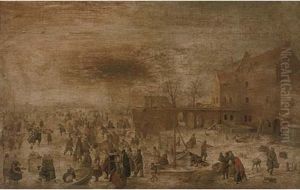 An Extensive Frozen River Landscape With Skaters And Other Figures By A Farmhouse by Hendrick Avercamp