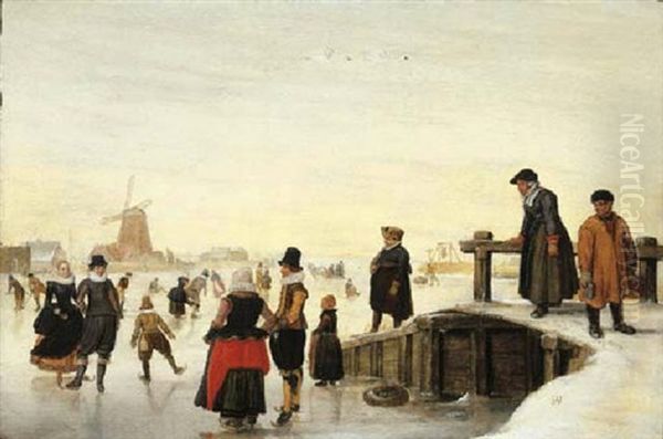 A Winter Landscape With Elegant Company Skating On A Frozen Waterway - view 1