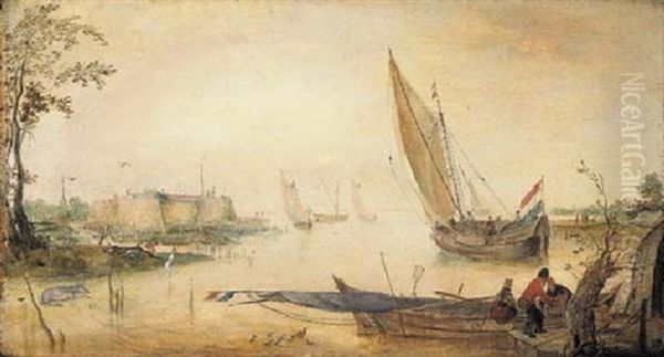 An Estuary With A Moored Fishing Smack Near A Jetty - view 1